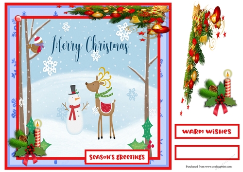 Merry Christmas Greeting Card with Snowman and Reindeer