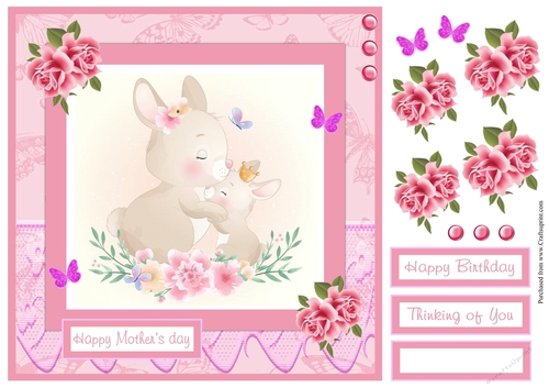 Happy Mothers day greeting card with bunnies, square card