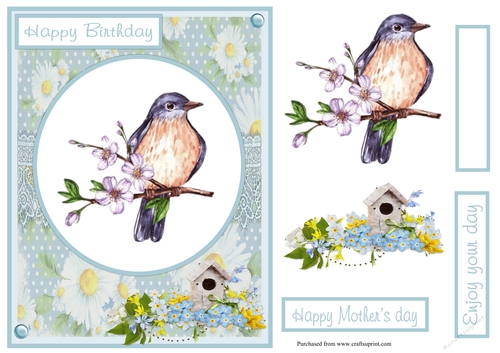 Happy birthday greeting card with bird, also for Mothers day