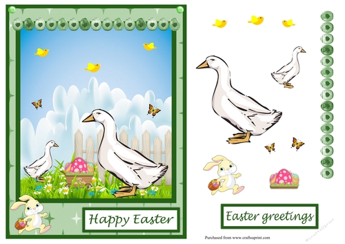 Easter greeting card with geese and bunny