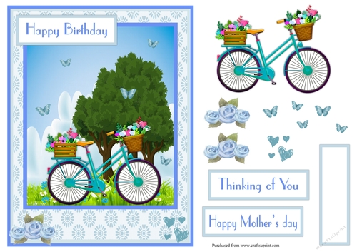 Bicycle and butterflies birthday greeting card or Mothers day