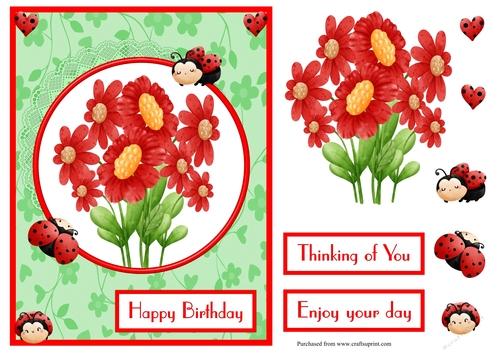 Ladybug and flowers birthday greeting card