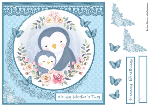 Quick Mothers day or Birthday greeting card with cute penguins