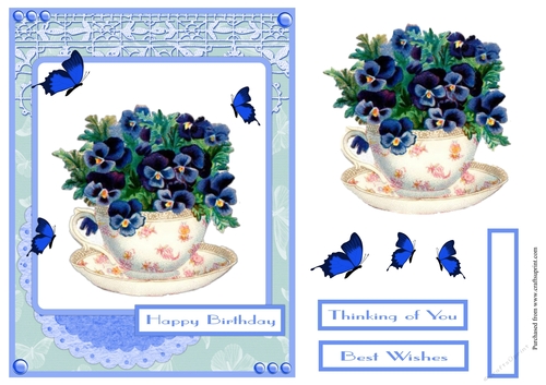 Pansies in a cup, vintage style, birthday greeting card