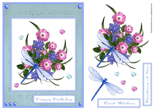 Birthday greeting card with dragonfly and flowers