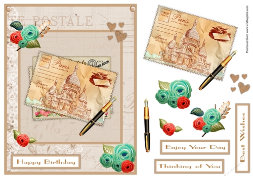 Female birthday greeting card with vintage carte postales