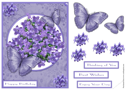 Butterflies and flowers greeting card in lilac