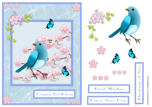 Blue bird and Sakura flowers greeting card
