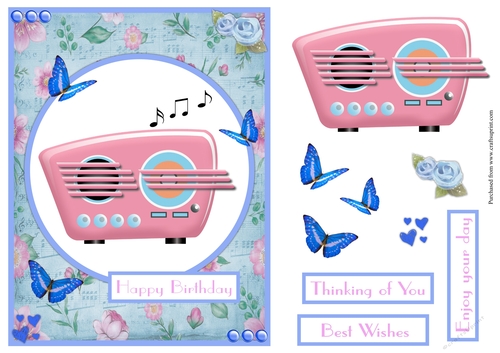 Pink Radio and butterflies birthday greeting card