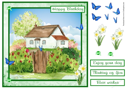 Square Birthday greeting card with Watercolour house and countryside