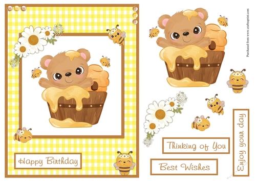 Honeybees and bear birthday greeting card