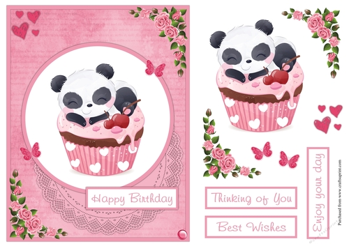 Panda and cupcake birthday greeting card
