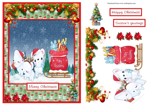 3 White bears with gifts Christmas greeting card