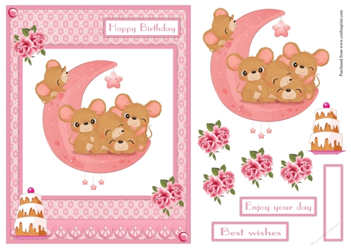 Mice and the moon birthday greeting card