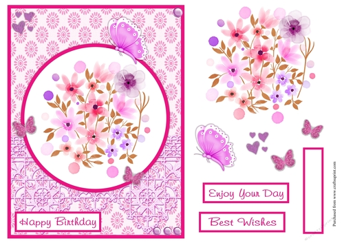 Pink flowers and butterflies greeting card