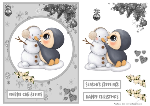 Penguin and snowman Christmas greeting card