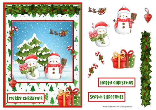 Snowmen and gifts and Santa Claus greeting card