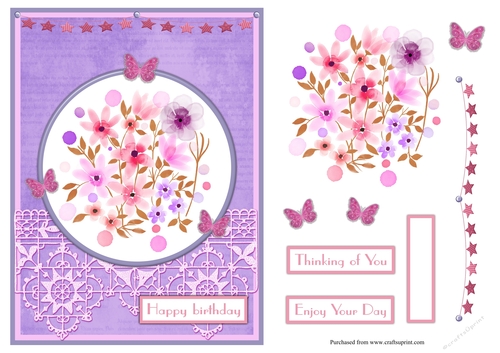Flowers and butterflies birthday greeting card in pink and lilac
