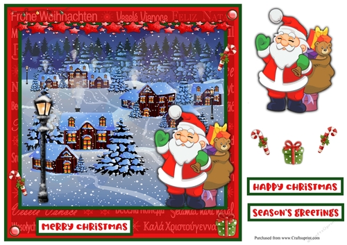 Village in the snow plus Santa Claus Christmas greeting card