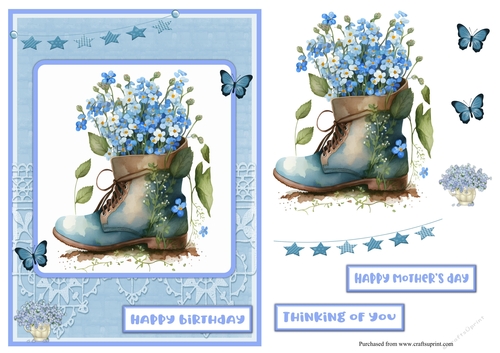 Blue flowers in a boot birthday greeting card