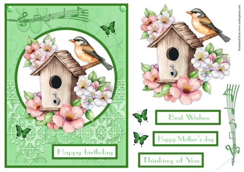 Bird and flowers birthday greeting card