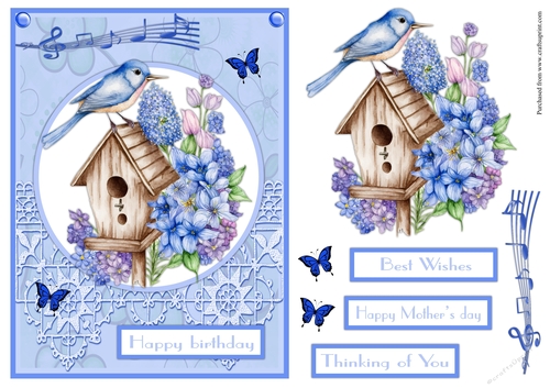 Bird in pale blue and flowers birthday greeting card