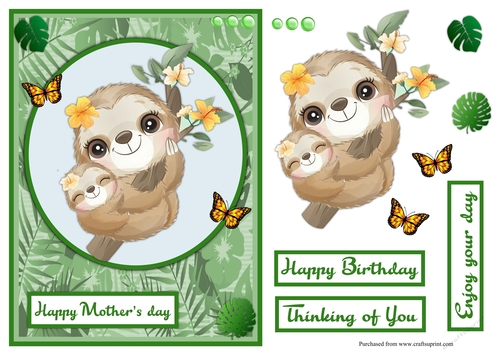 Mothers day or birthday greeting card with sloth