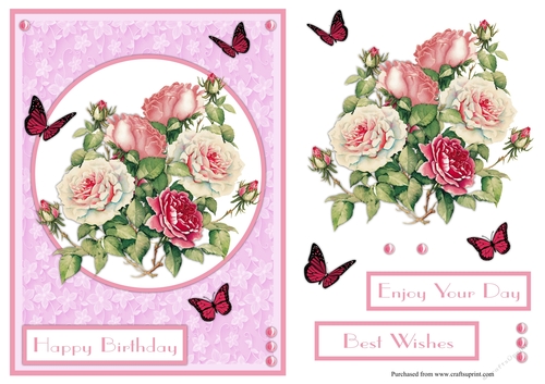Bunch of roses and butterflies birthday greeting card