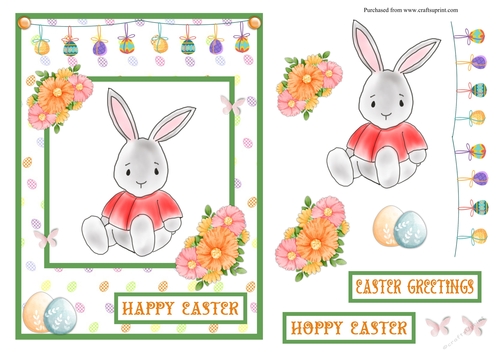 Easter greeting card with cute bunny and flowers