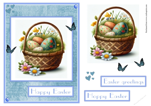 Happy Easter with basket and eggs greeting card