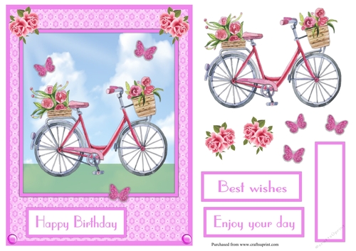 Bicycle, flowers and butterflies birthday greeting card