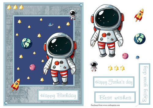 Out of space birthday greeting card, also for Fathers day