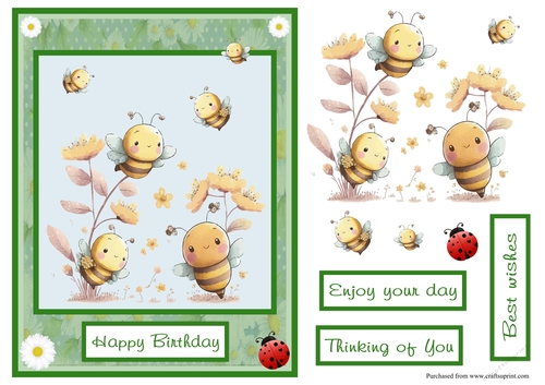 Bees and ladybug birthday greeting card