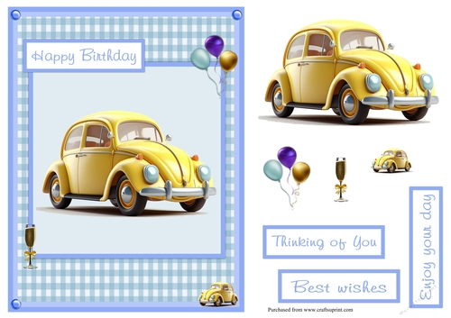 Beetle yellow car birthday greeting card