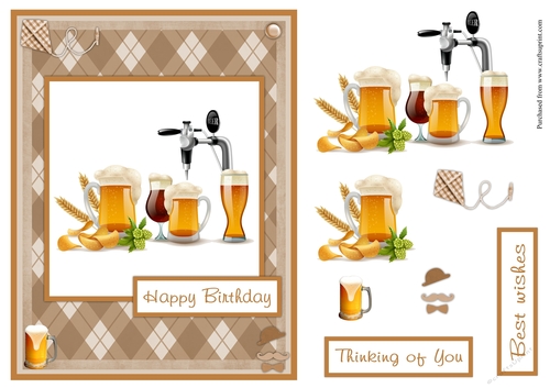 Male greeting card with glass of beer and chips