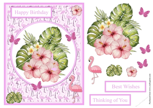 Flamingo and flowers birthday greeting card