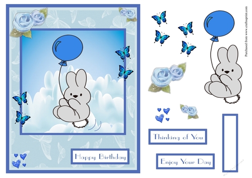 Bunny flying with a balloon greeting card