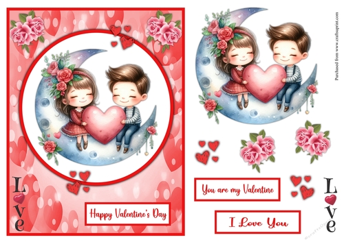 Happy Couple sitting on the moon Valentines day greeting card