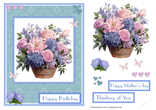 Roses and other flowers in blue and pink greeting card, also for Mothers day