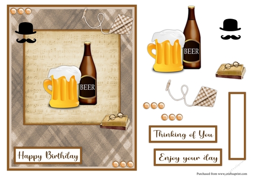 Glass and bottle of beer male greeting card