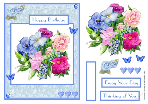 Flowers and butterflies in blue birthday card