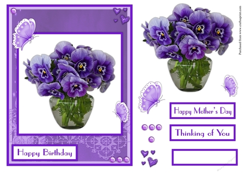 Violet flowers in vase greeting card for a birthday and also Mothers day