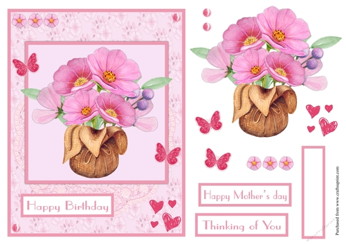 Wildflowers in pink greeting card for a birthday and Mothers day
