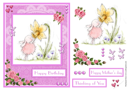 Bunny with flowers birthday greeting card also for Mothers day