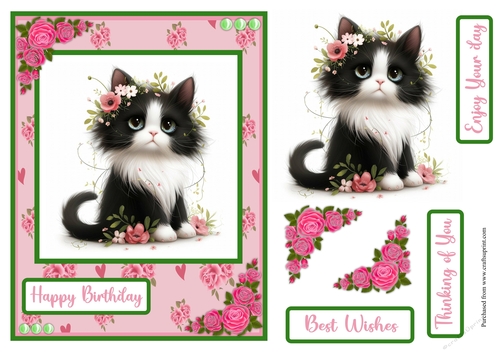 Black and white cat with flowers greeting card