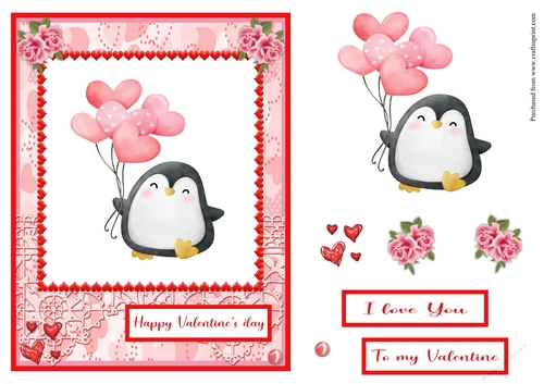 Penguin with heart balloons Valentines day greeting card
