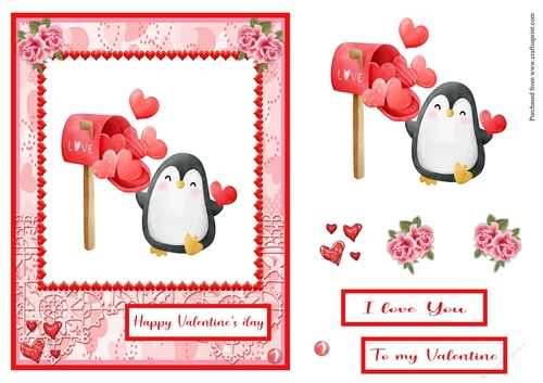 Penguin, mail box and hearts Valentines day greeting card