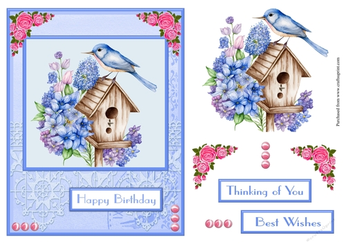 Blue bird and blue flowers birthday greeting card