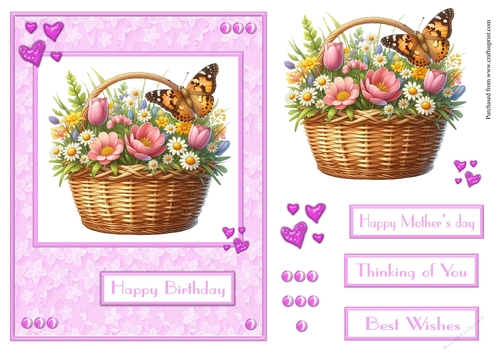 Spring flowers and butterfly birthday greeting card also for Mothers day