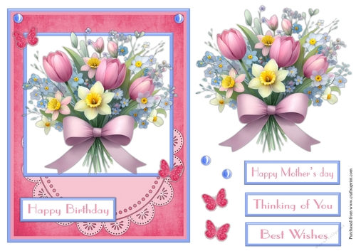 Bunch of tulips and daffodils birthday greeting card, also for Mothers day